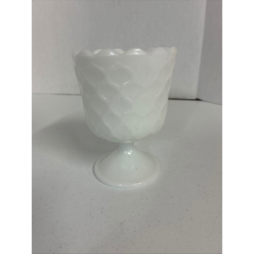 Vintage White Milk Glass Honeycomb Scalloped Footed Goblet Vase 6in